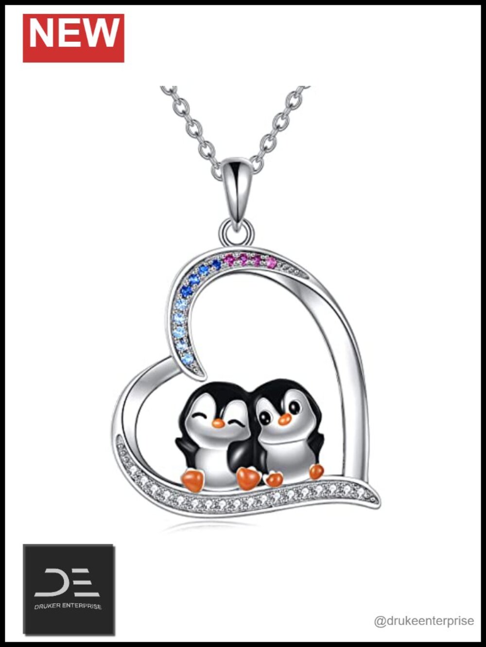 Sterling Silver Penguin Snowflake Heart Pendant Necklace for Women
